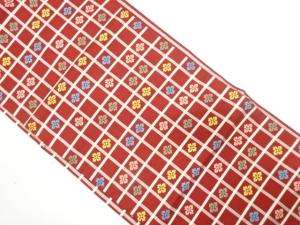 格子に花模様織り出し　名古屋帯